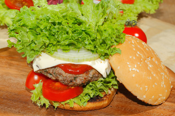 Hamburger, Fast food, Burger, Hacksteak, Salat, Tomaten, Käse, G