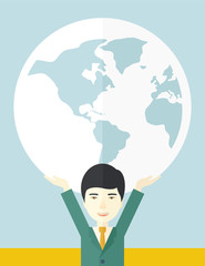 Chinese Businessman carrying big globe.
