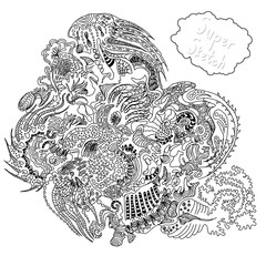 abstract doodle background, sketchy ornamental waves, square card