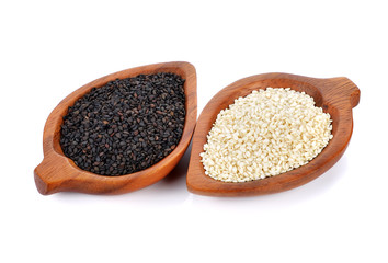 black and white sesame seeds isolated on white background