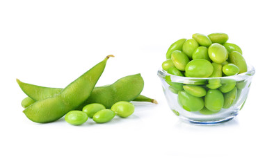 green soybeans on white background
