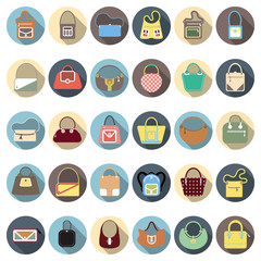 Female purse flat icon set with shadow. Vector.