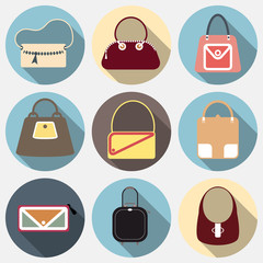 Flat icons set of fashion bags collection of Women and men handbags