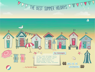 Fototapeta premium Beach Huts - Summer poster and advertisement for summer holidays, with bunting, lounge chairs, beach umbrellas, summer accessories, sandy beach and paper notes with plenty of copyspace, hand drawn
