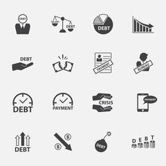 money crisis and debt icon set