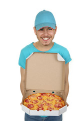 Delivery boy with cardboard pizza box isolated on white