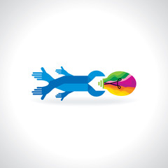 colorful bulb connected with spanner and hand vector 