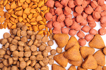 Dry dog food close up, isolated on white background