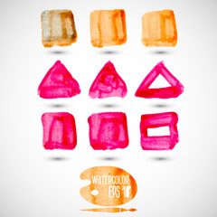 Watercolor hand painted random shape design elements. Square, triangle