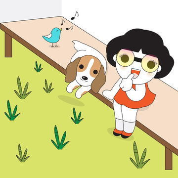 Girl, Puppy and Bird Relax On A Sunny Terrace illustration