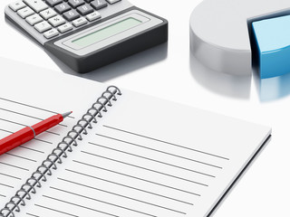 3d Notepad with pen and pie chart graph.