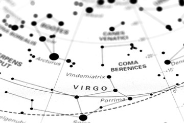 Virgo star map zodiac.
Star sign Virgo on an astronomy star map.