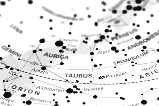 Taurus star map zodiac.
Star sign Taurus on an astronomy star map.