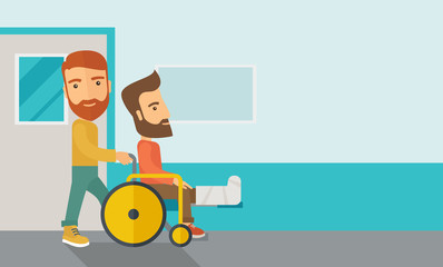 Man pushing the wheelchair with broken leg patient.