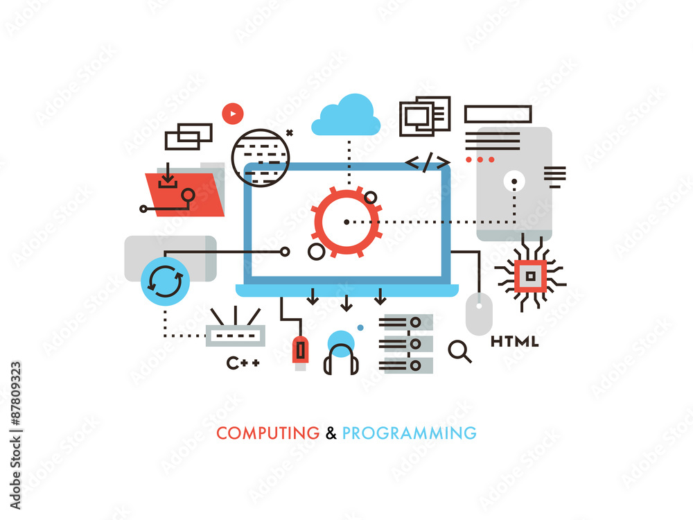 Fototapete computing and programming flat line illustration