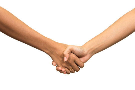 Shaking hands of two people, isolated on white.