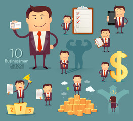 Set of businessman cartoon characters. Vector. Successful business.