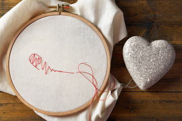 The embroidery hoop with canvas and red sewing threads on table close up © Africa Studio