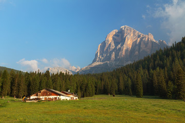 House farm with green forest and Tofane peak, Dolomites Alps