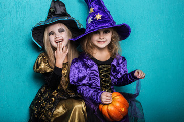 Girls in a suit of a witch. Halloween. Fairy. Tale