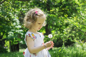 Cute little girl blowing on a dandelion.