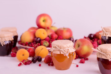 Jam, fruit and berries (apples, apricots, raspberries. strawberr