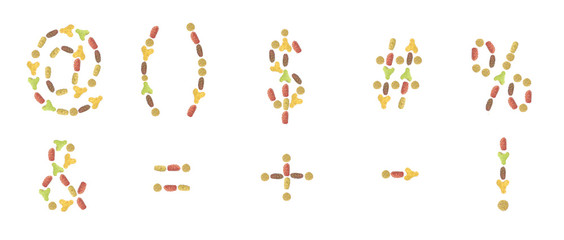 a set of punctuation marks composed of pet food (cat or dog) lab