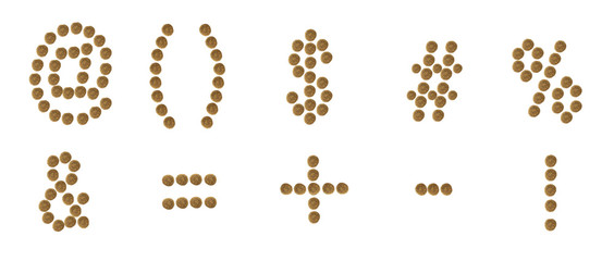 a set of punctuation marks composed of pet food (cat or dog) lab
