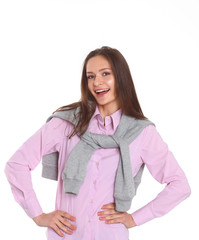 Young woman standing on the white background