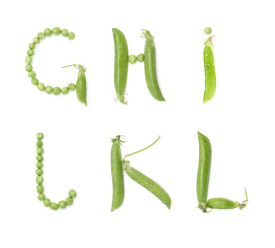 Letters of english alphabet with green peas, abc