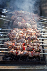 hot roasted shashlik on metal skewers