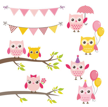 Vector birthday party elements with owls, bunting banners, balloons