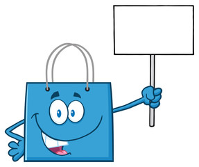 Obraz na płótnie Canvas Blue Shopping Bag Character Holding Up A Blank Sign