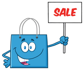 Obraz na płótnie Canvas Blue Shopping Bag Cartoon Character Holding Up A Blank Sign With Text
