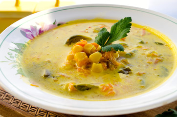 corn soup with brussels sprouts and other vegetables