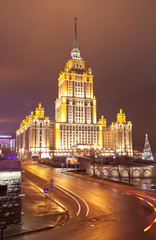 Fototapeta na wymiar Hotel Ukraine with beautiful illumination at evening. Moscow. Russia