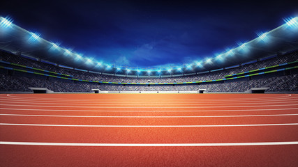 athletics stadium with track at panorama night view - obrazy, fototapety, plakaty