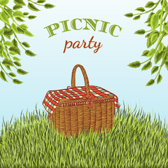 Picnic party in meadow with picnic basket and tree branches. Summer vacation. Hand drawn vector illustration
