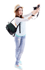 Traveler with camera isolated on white