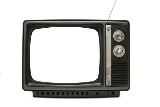 Shot of an old/vintage black and white television. The "screen" is pure white. Isolated on white.