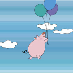 Pig flying with baloons