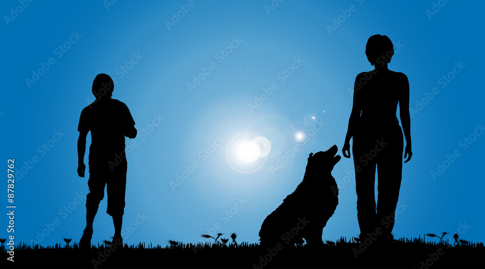 Canvas Prints Vector silhouette of a couple with a dog.