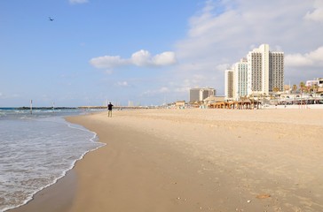 View to Tel Aviv coast line with row of the hotels.  