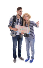 Fototapeta premium Pair of travelers with map isolated on white