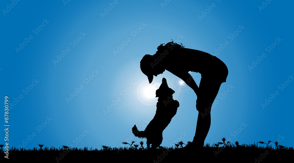 Sticker vector silhouette of a woman with a dog.