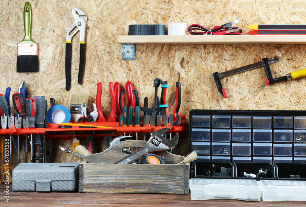 Wall mural Set of tools in workshop