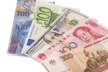 Fototapeta na wymiar American dollars, European euro,Swiss franc,Chinese yuan and Rus