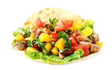 Homemade beef burrito with vegetables and tortilla, isolated on white