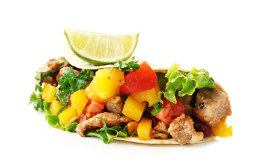 Homemade beef burrito with vegetables and tortilla, isolated on white