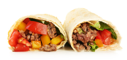 Homemade beef burrito with vegetables and tortilla, isolated on white